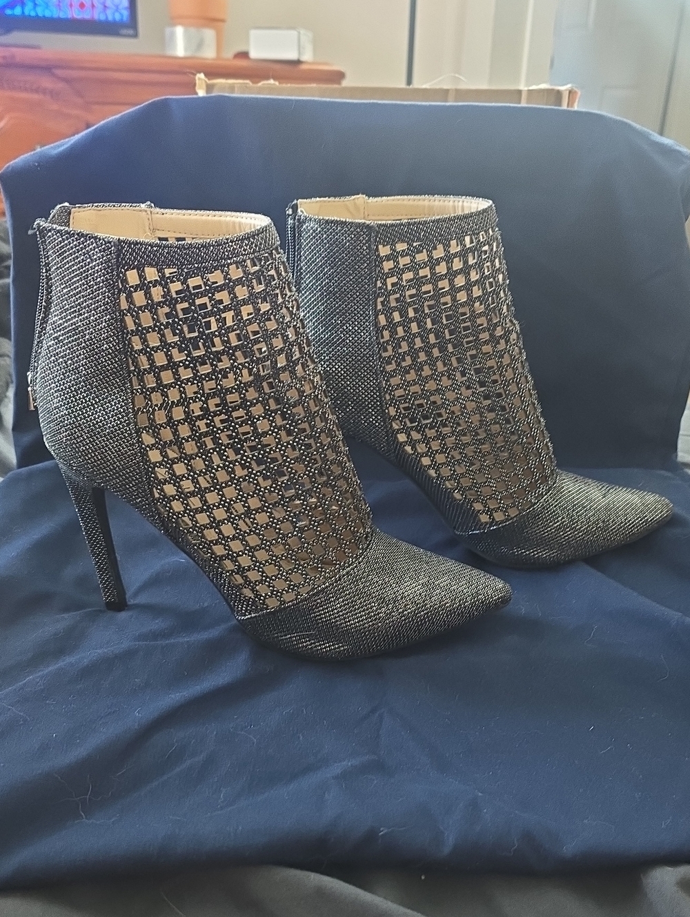 Anne Michelle Metalic Black Mesh Pointed Stiletto Booties